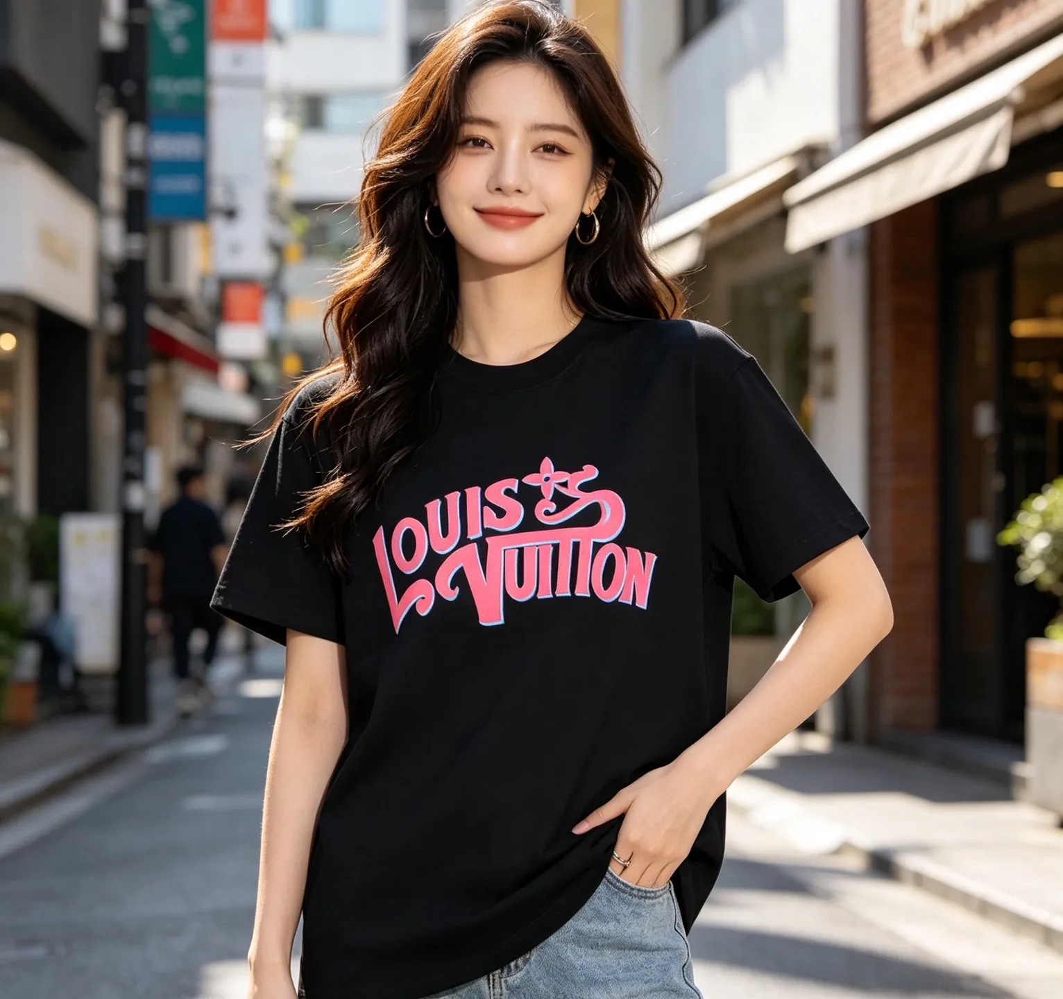 Louis Vuitton/Louis Vuitton pink graffiti 3D letter short sleeves